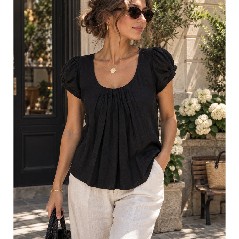 Anne Fontaine Meryl Black 100% Linen Pleated Puff Sleeve Blouse Top Size 40